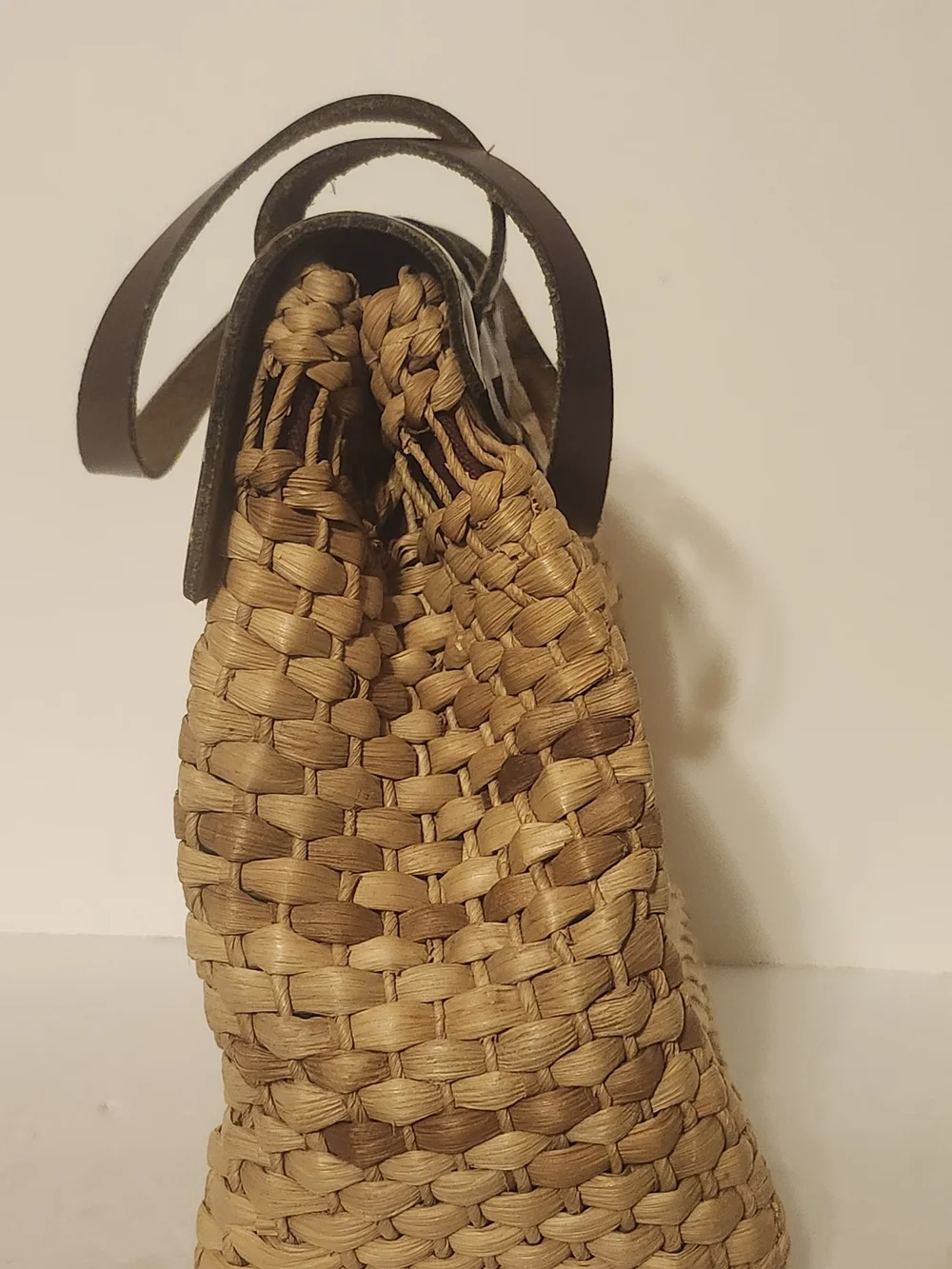 Woven Straw Hobo Bag with Dark Brown Leather Trim